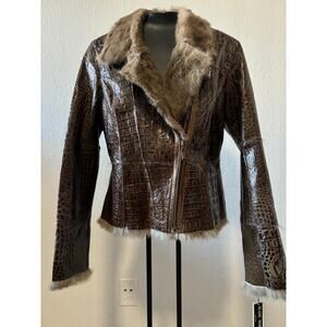 Blanc Noir Real Leather / Fur Jacket Womens Size Small Brown Croc Embossed New